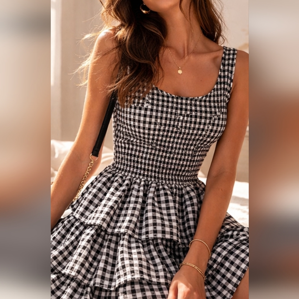 Black & White Gingham Smocked Mini Dress – Tiered Ruffle Skirt - BRAND NEW